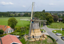 Rietdekkers aan het werk op molen De Duif